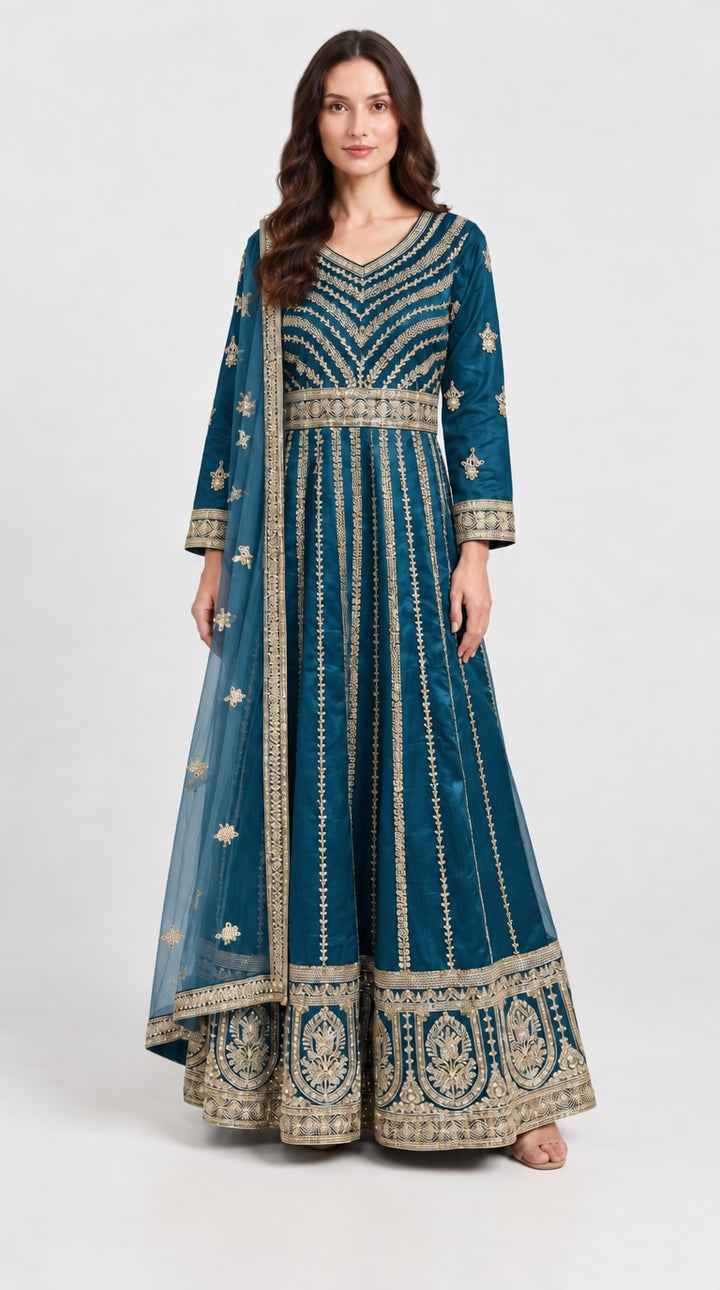134E - Teal Net  Embroidered Maxi Dress
