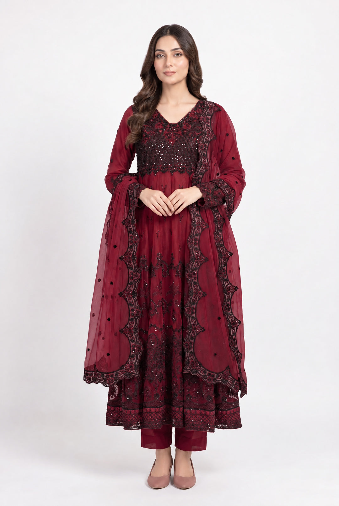 370B - MAROON NET EMBROIDERED LONG DRESS