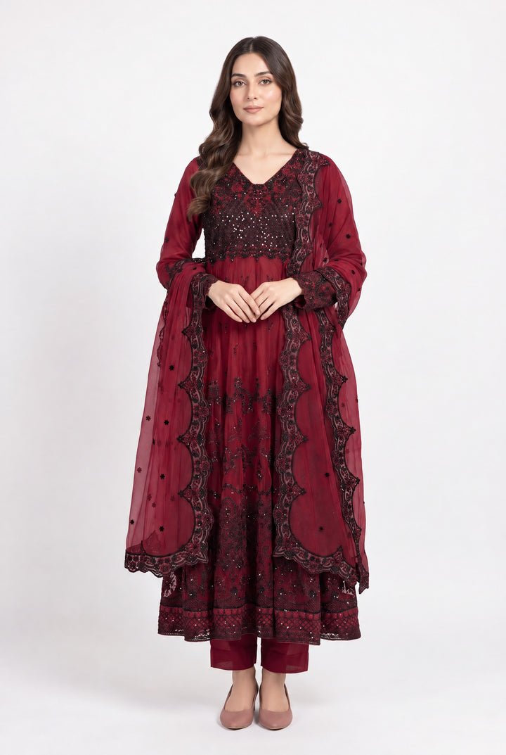 370B - MAROON NET EMBROIDERED LONG DRESS