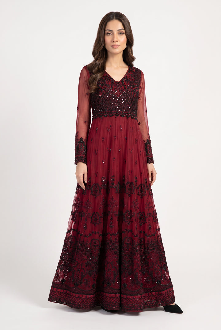 370B - MAROON NET EMBROIDERED LONG DRESS