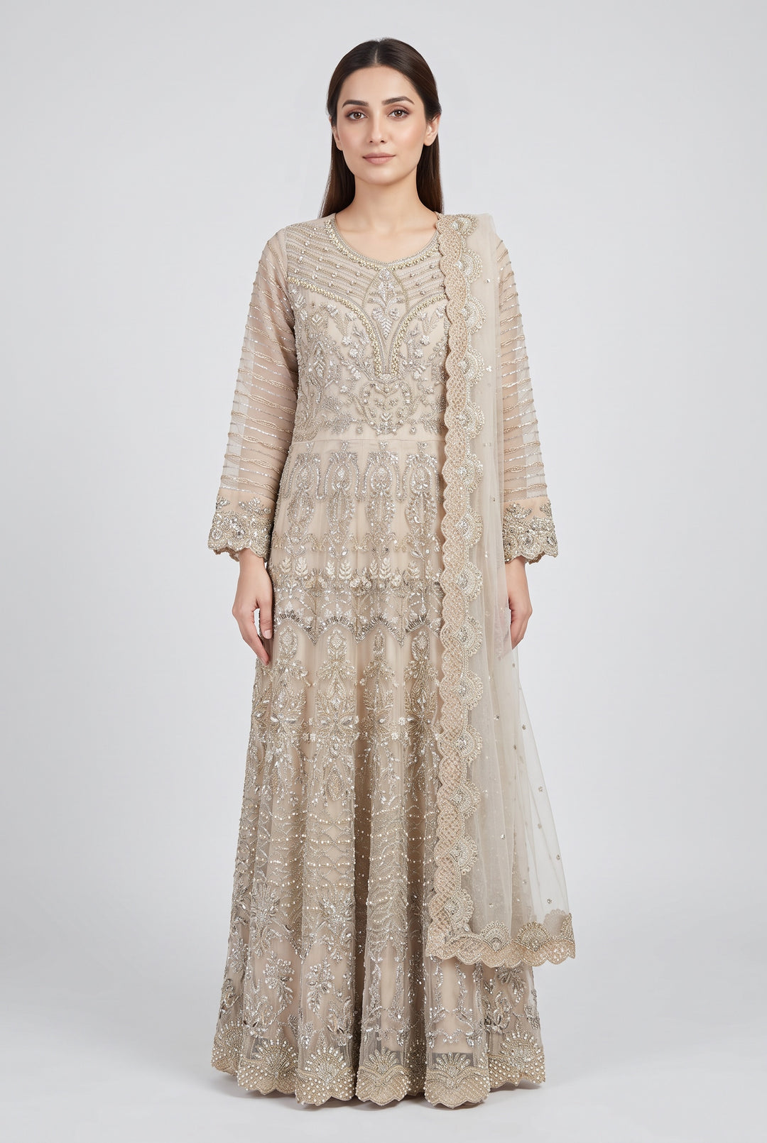 372A - BEIGE GOLD NET EMBROIDERED LONG DRESS