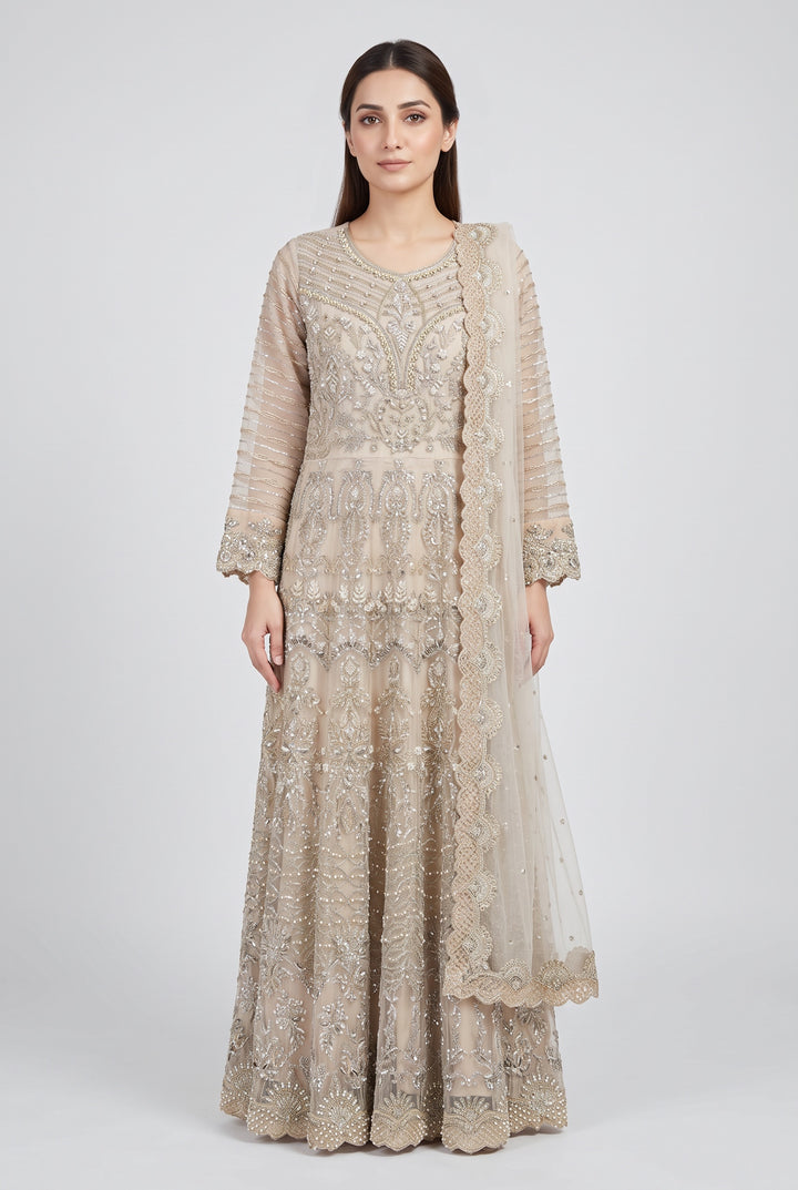 372A - BEIGE GOLD NET EMBROIDERED LONG DRESS