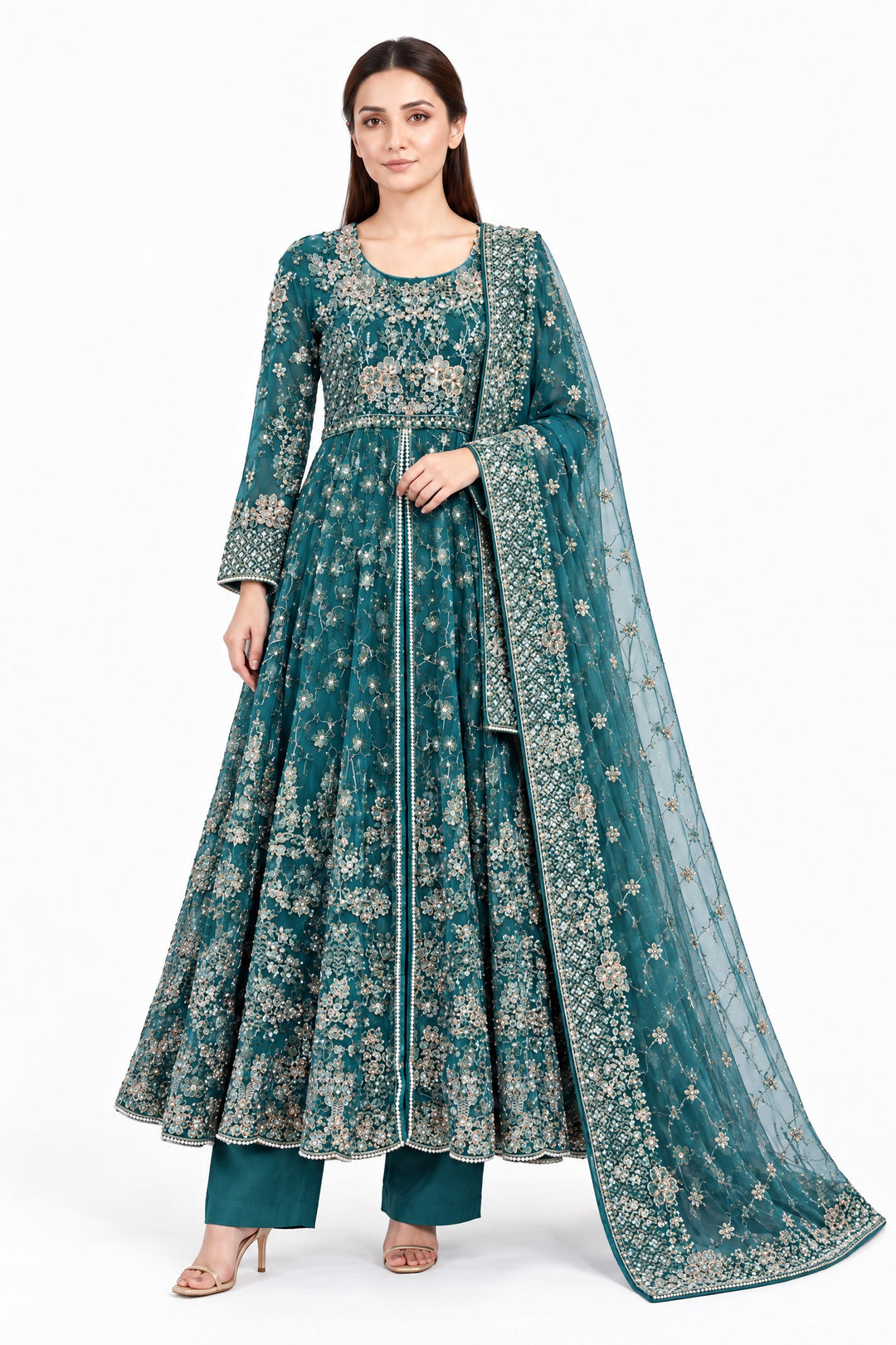 370A - TEAL NET EMBROIDERED MAXI DRESS