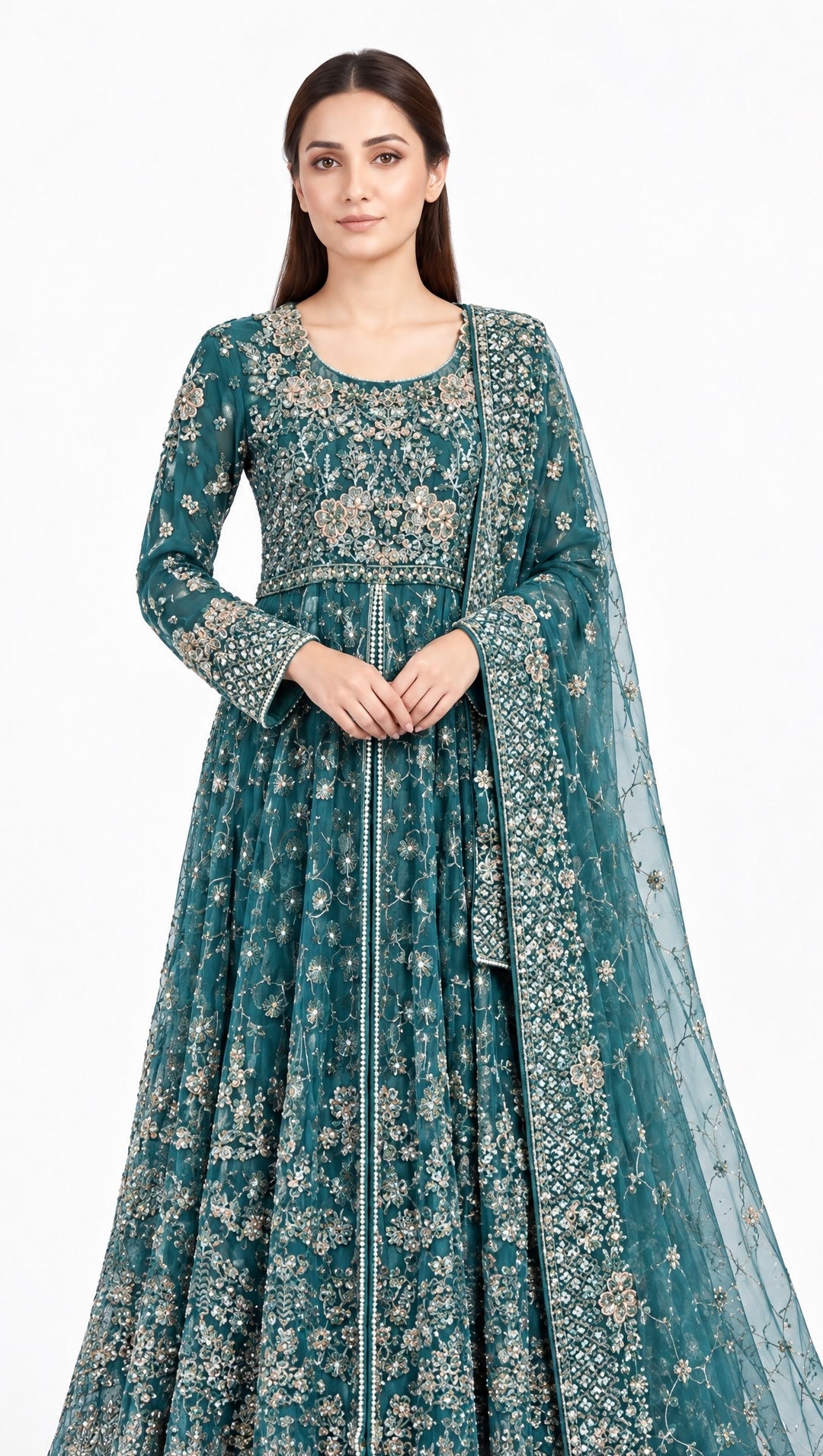 370A - TEAL NET EMBROIDERED MAXI DRESS