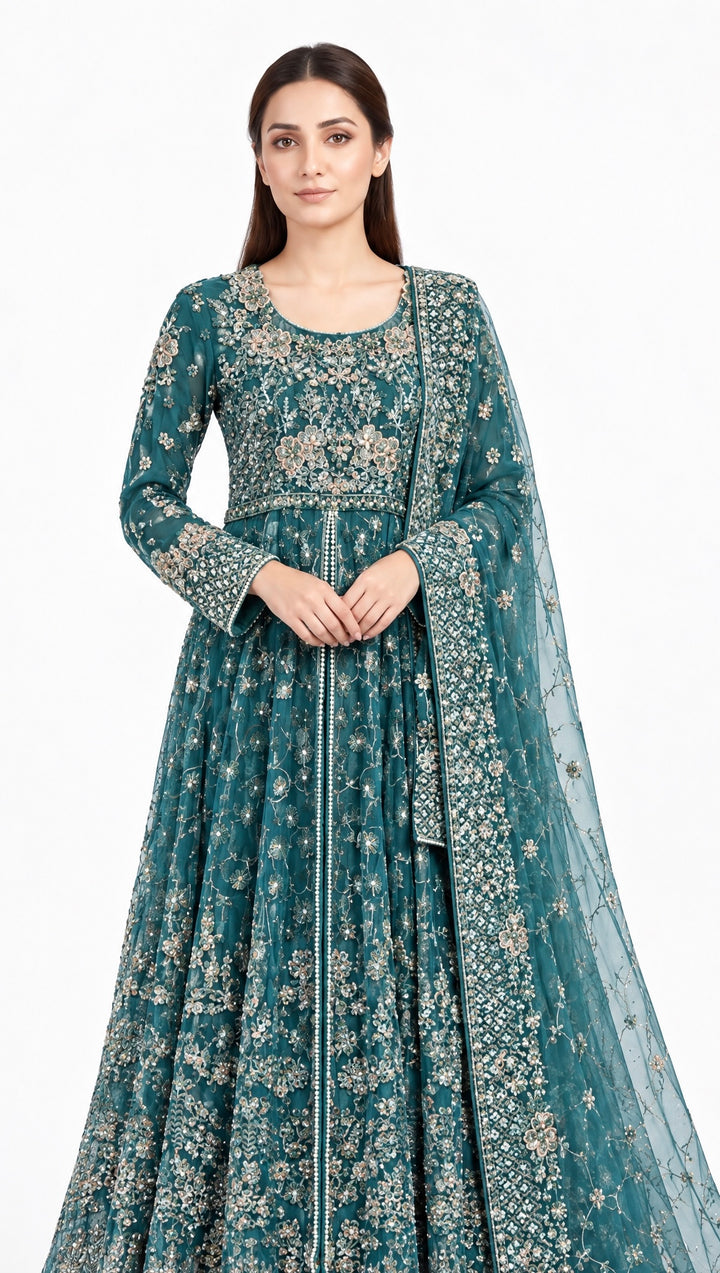 370A - TEAL NET EMBROIDERED MAXI DRESS