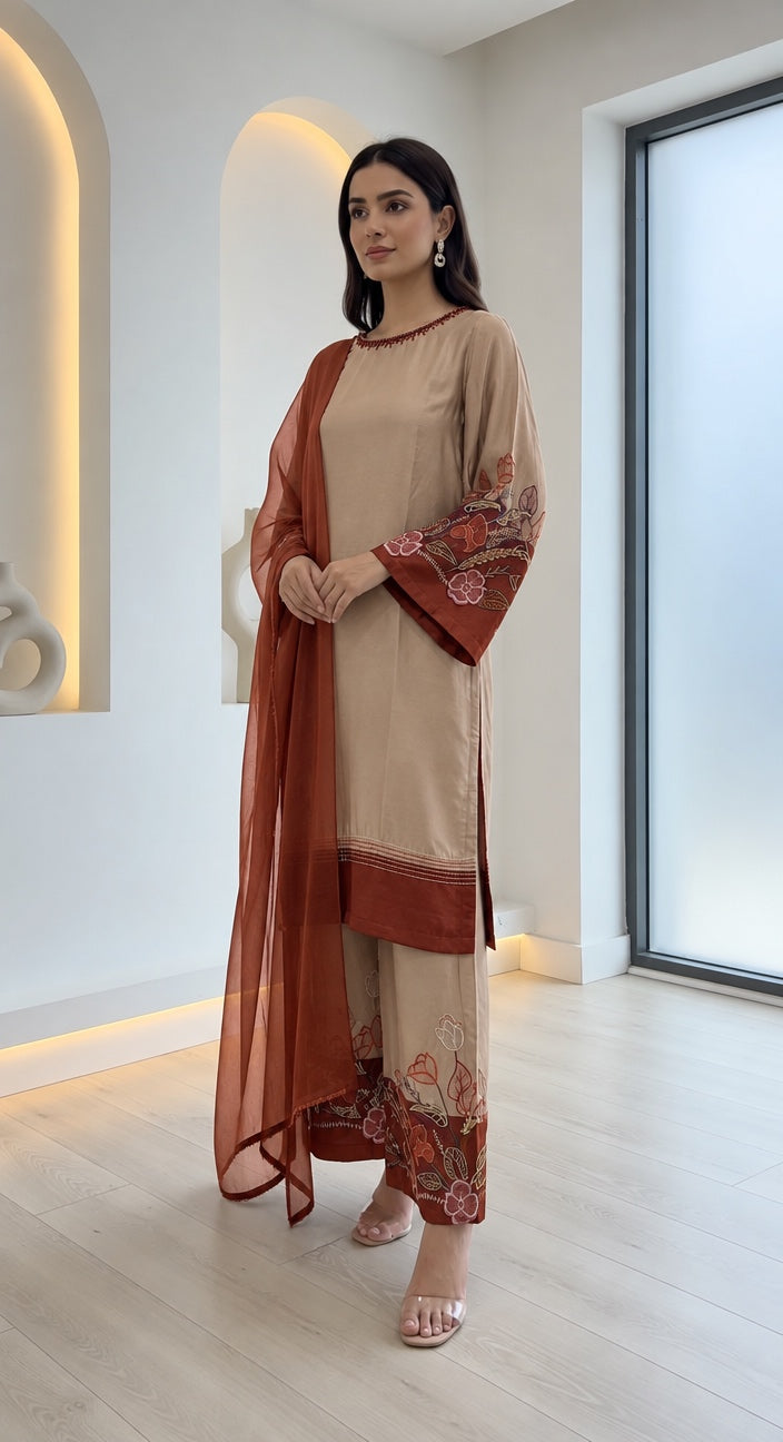 1180C - Beige Viscose Embroidered Pakistani Suit with Palazzo & Chiffon Dupatta - East meets west clothing 