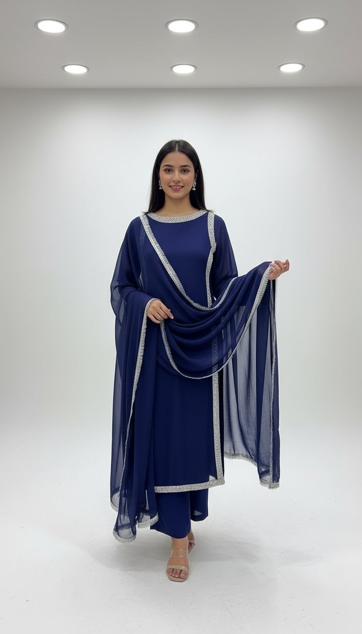 433B - BLUE CHIFFON EMBROIDERED ADDA WORK SUIT