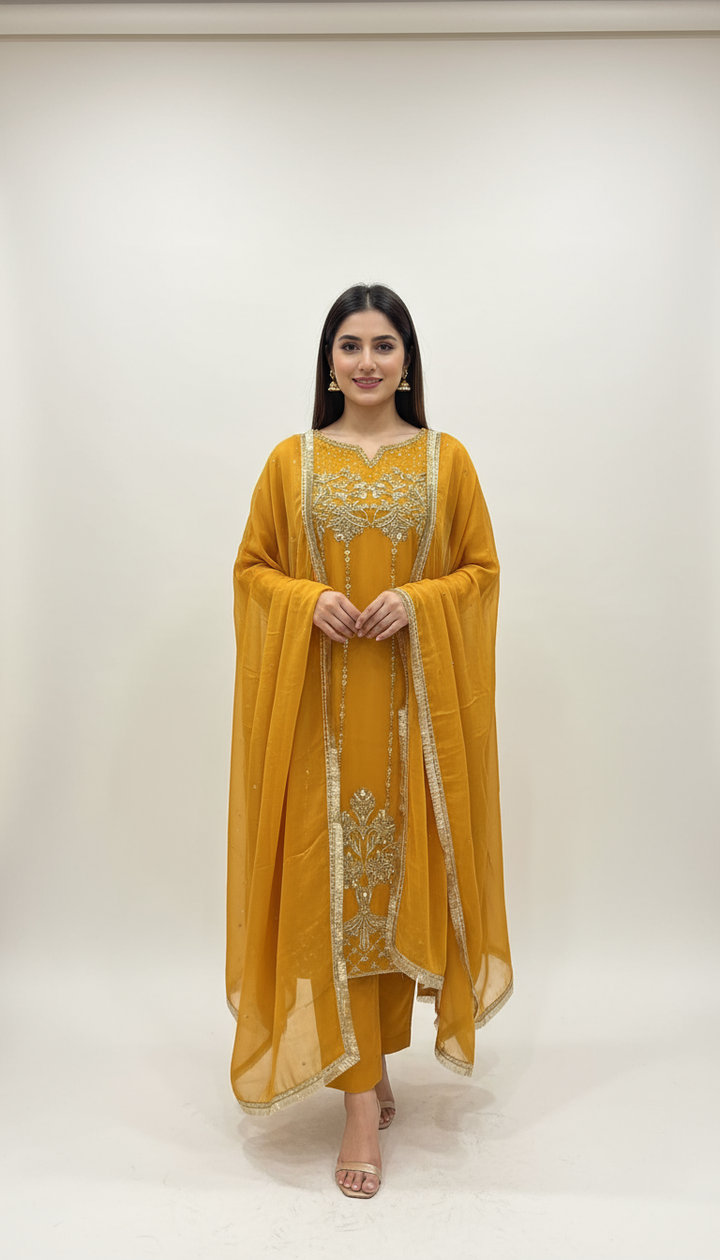 323C - MUSTARD CHIFFON EMBROIDERED ADDA WORK SUIT