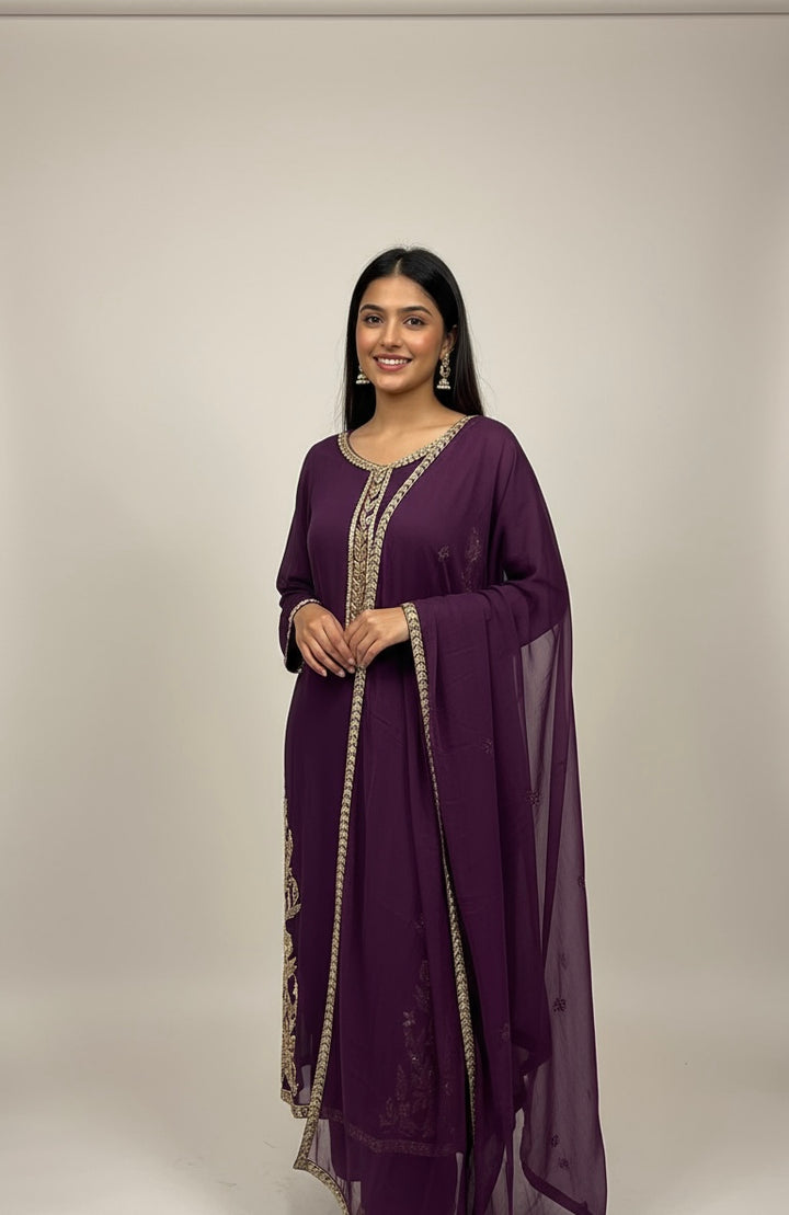 323A - PURPLE CHIFFON EMBROIDERED ADDA WORK SUIT