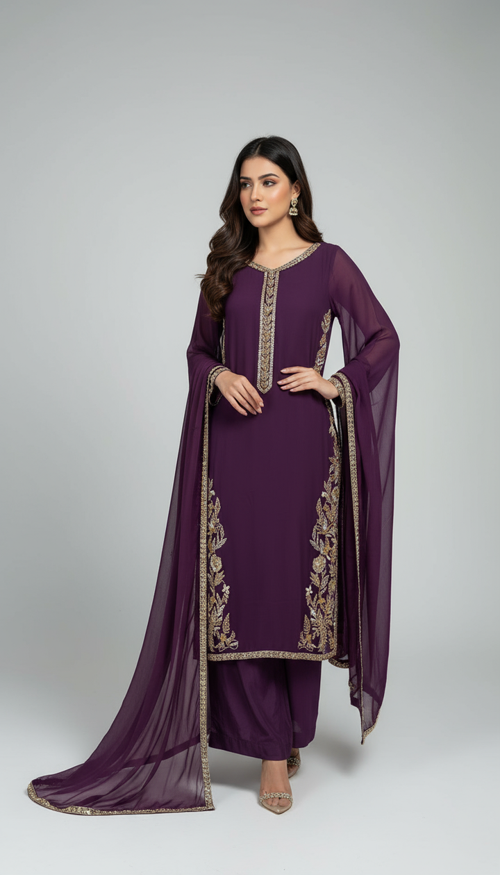 323A - PURPLE CHIFFON EMBROIDERED ADDA WORK SUIT
