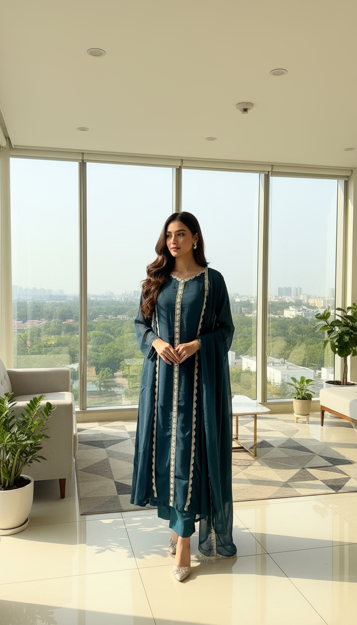 434A - TEAL CHIFFON EMBROIDERED ADDA WORK SUIT