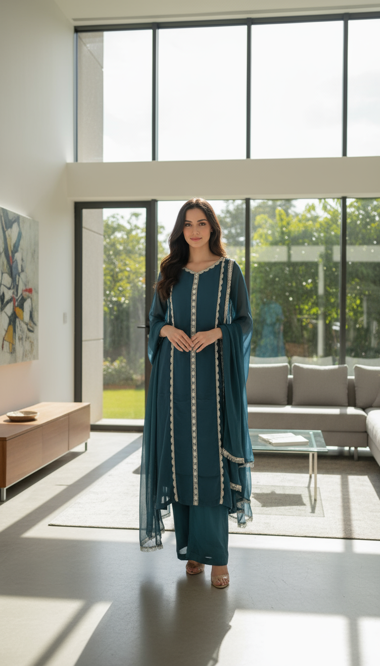 434A - TEAL CHIFFON EMBROIDERED ADDA WORK SUIT