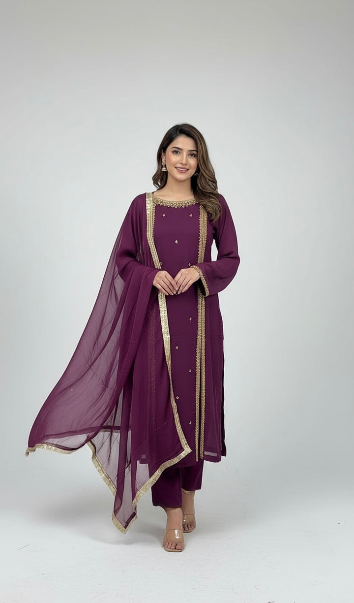 433A - PURPLE CHIFFON EMBROIDERED ADDA WORK SUIT