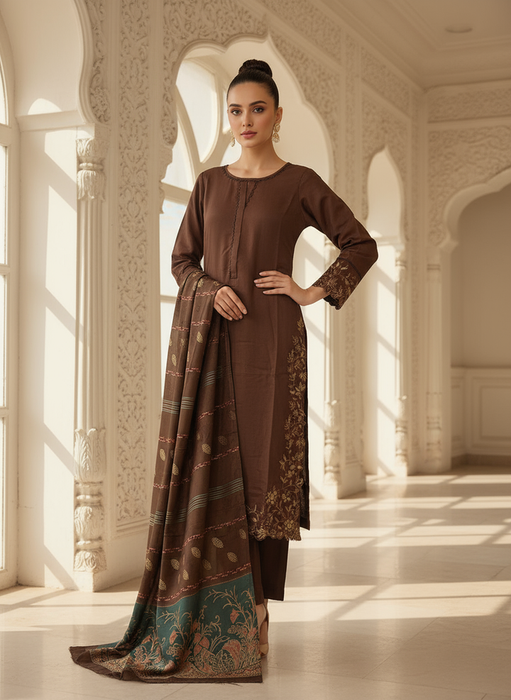 DL06- BROWN DHANAK LINEN EMBROIDERED SUIT