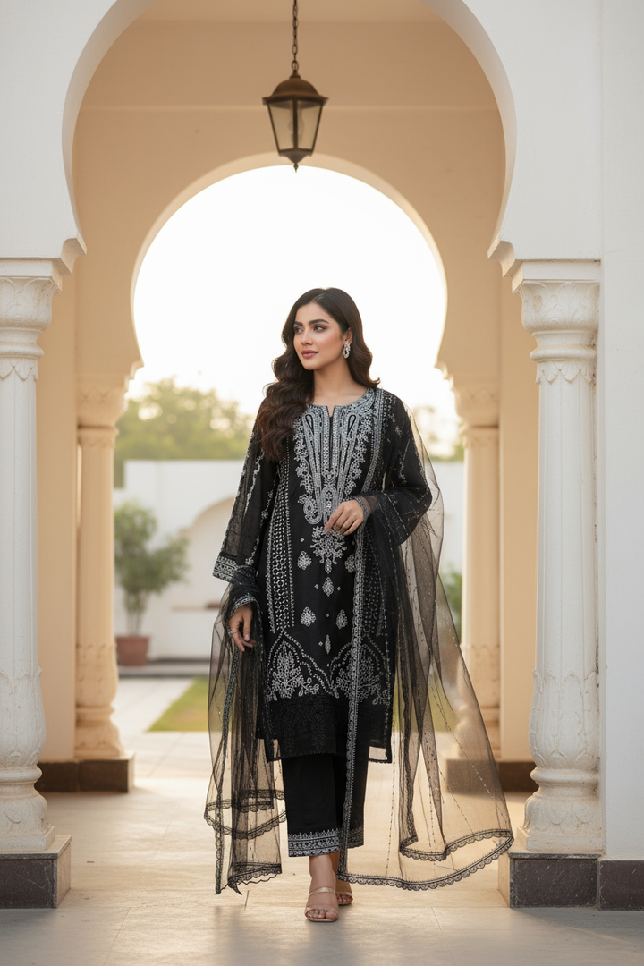 1151A - Black Embroidered Linen 3 Piece suit