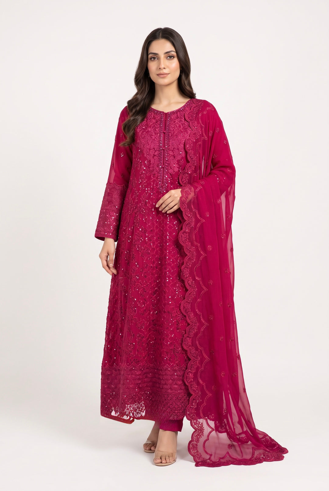 1915A - FUCHSIA PINK CHIFFON EMBROIDERED LONG DRESS - East meets west clothing 