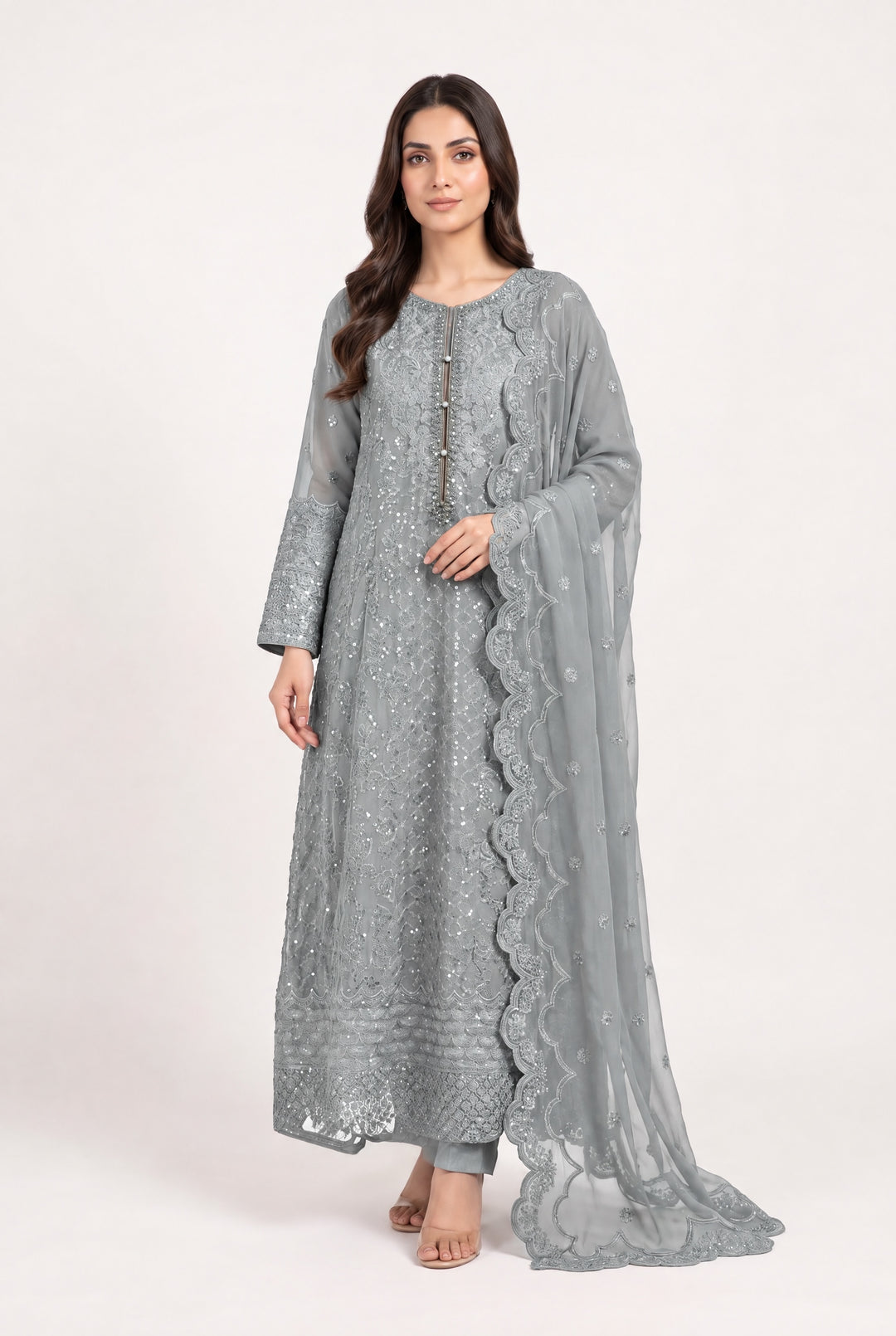 1915B - GREY CHIFFON EMBROIDERED LONG DRESS - East meets west clothing 