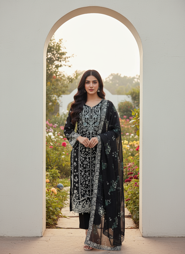 1152B -  BLACK EMBROIDERED LINEN 3 PIECE SUIT