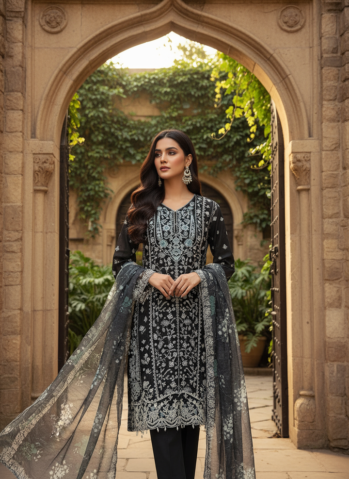 1152B -  BLACK EMBROIDERED LINEN 3 PIECE SUIT