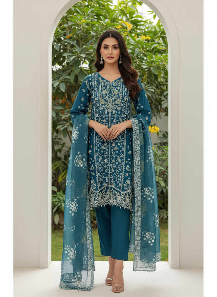 1152D -  TEAL EMBROIDERED LINEN 3 PIECE SUIT