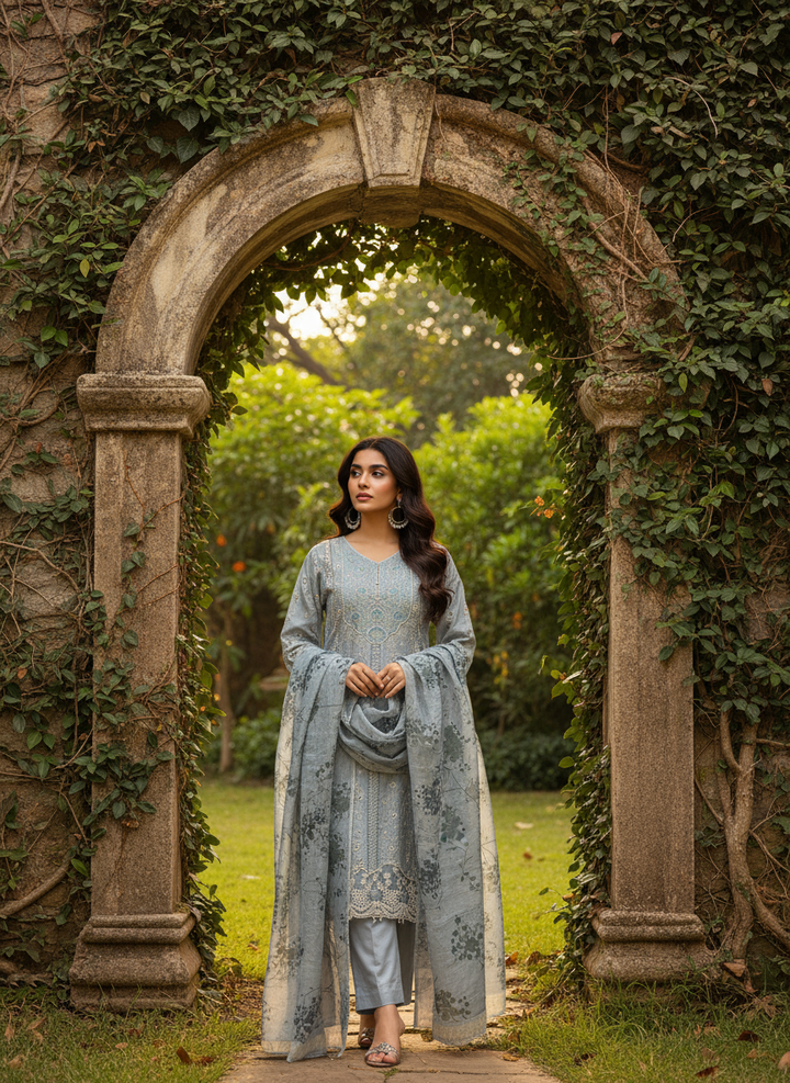 1152C -  GREY EMBROIDERED LINEN 3 PIECE SUIT
