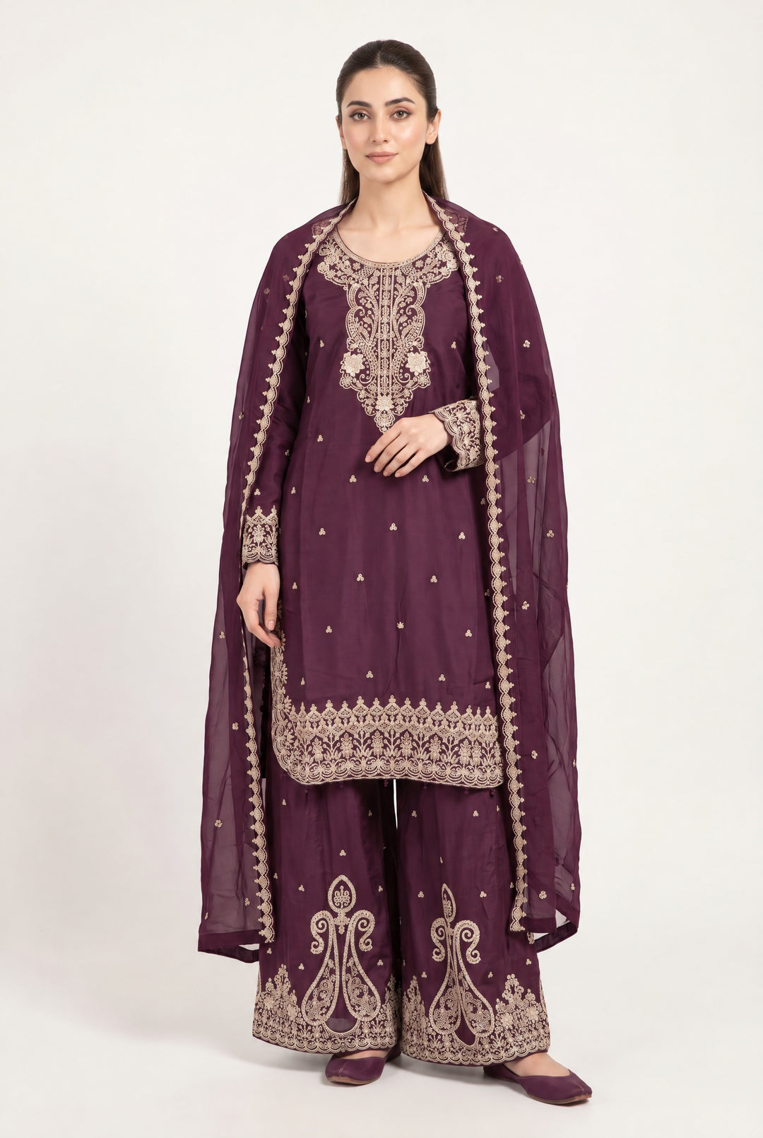 373A Purple Viscose Silk Embroidered Pakistani Suit with Chiffon Dupatta - East meets west clothing 
