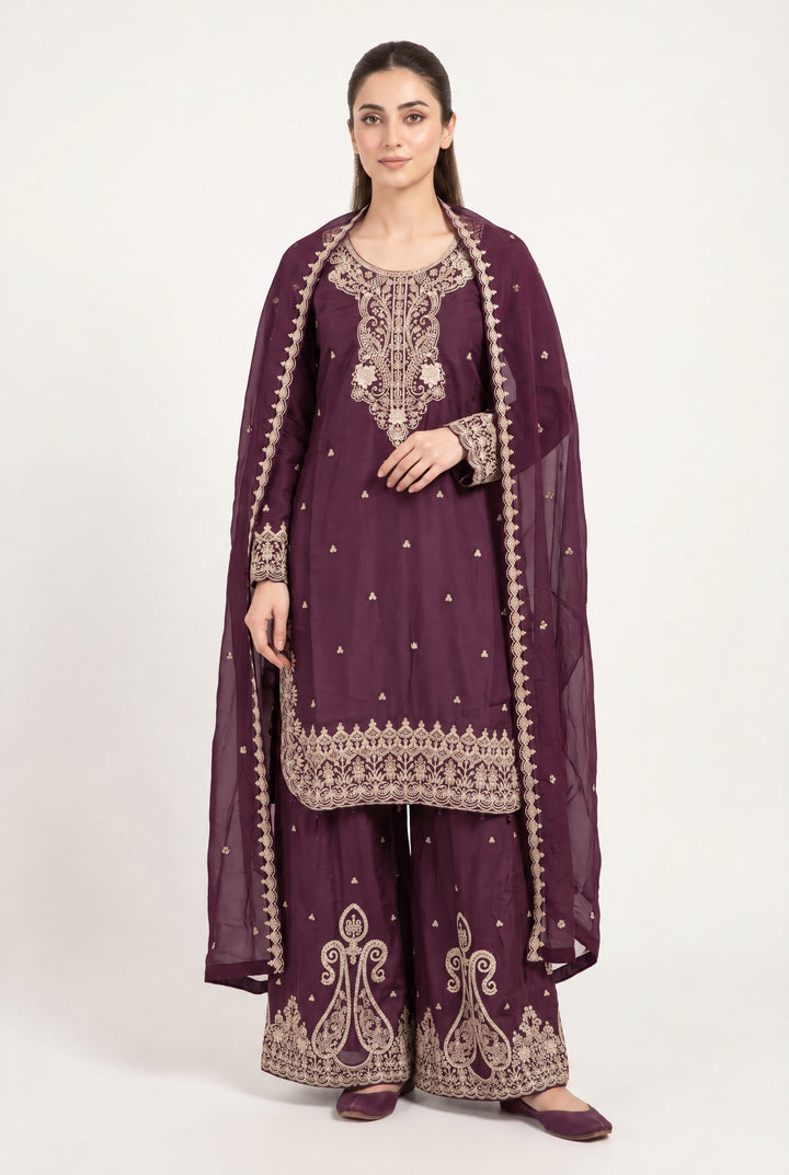 373A Purple Viscose Silk Embroidered Pakistani Suit with Chiffon Dupatta - East meets west clothing 