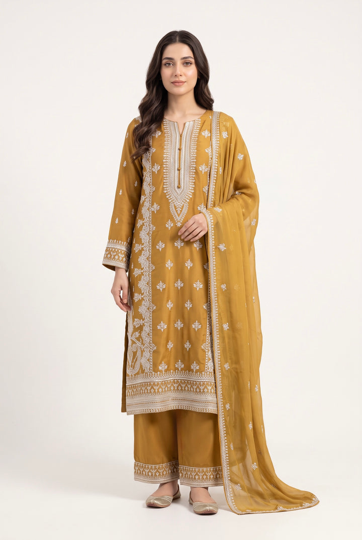 1153A - Mustard Embroidered Viscose Hand Work 3-Piece Suit - East meets west clothing 