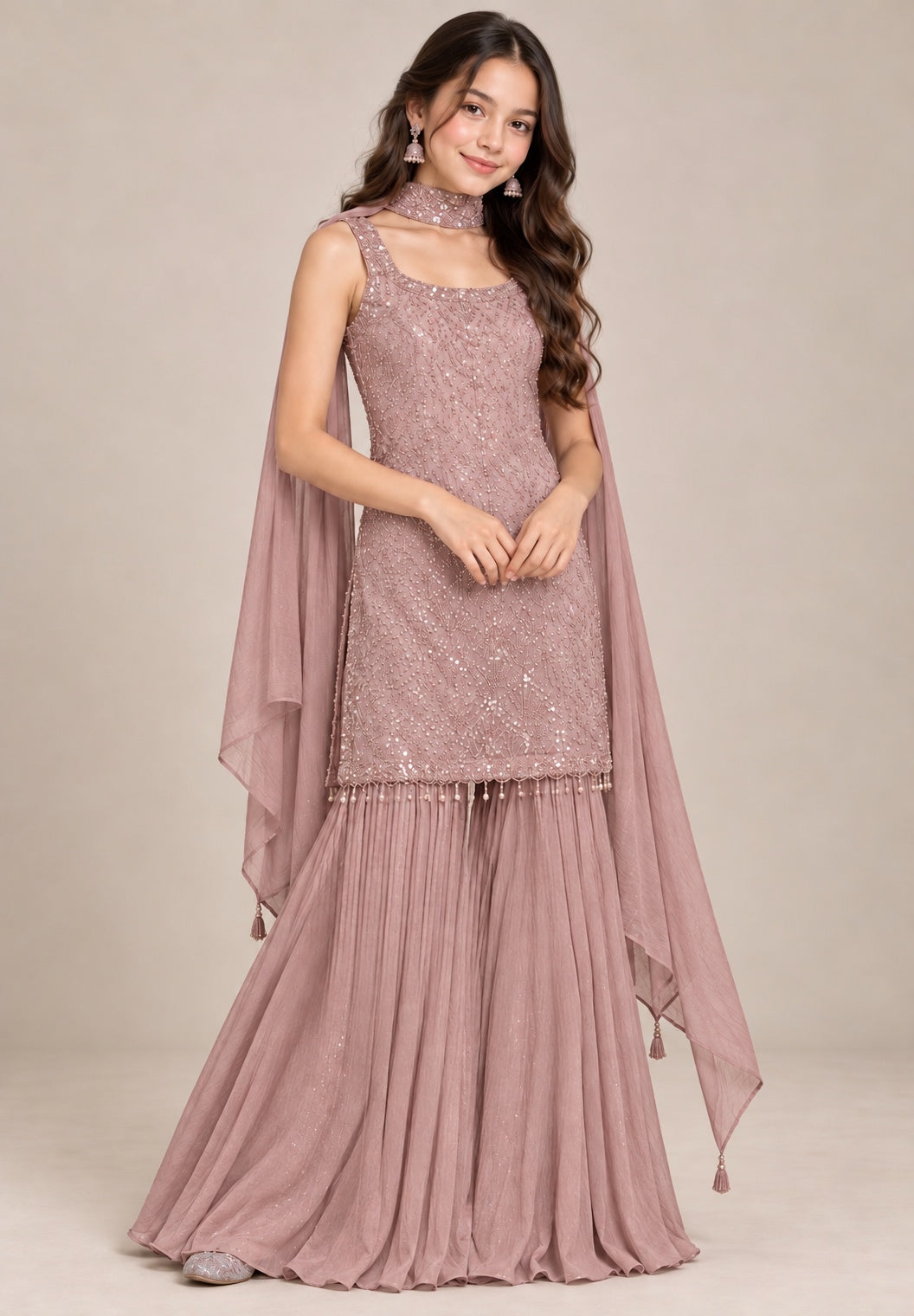 3114A - Girls’ Dusty Pink Embroidered Sharara dress with choker Dupatta