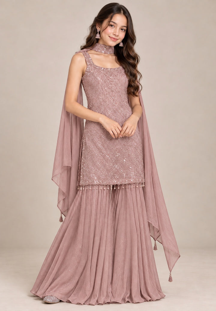 3114A - Girls’ Dusty Pink Embroidered Sharara dress with choker Dupatta
