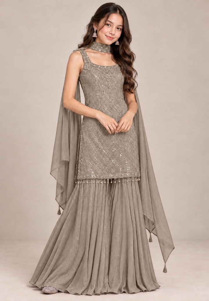 3114B - Girls’ Grey Embroidered Sharara dress with choker Dupatta