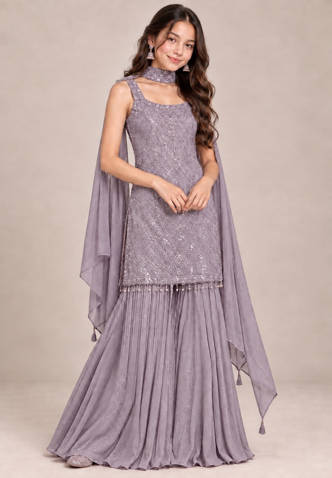 3114C - Girls’ Purple Embroidered Sharara dress with choker Dupatta
