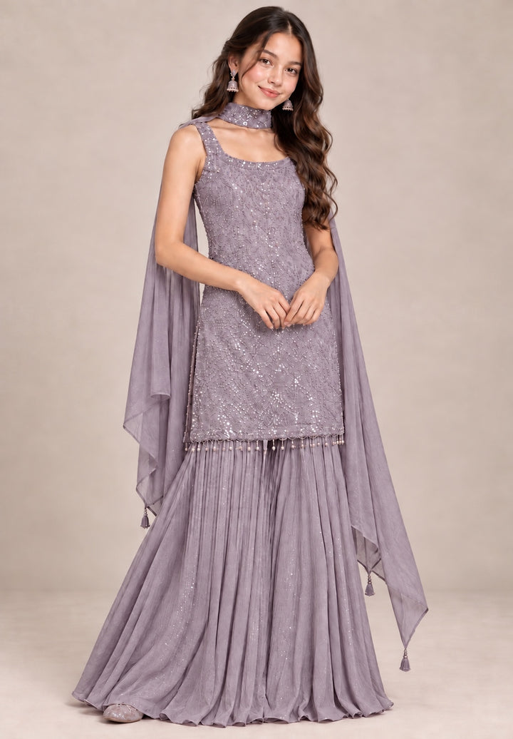 3114C - Girls’ Purple Embroidered Sharara dress with choker Dupatta