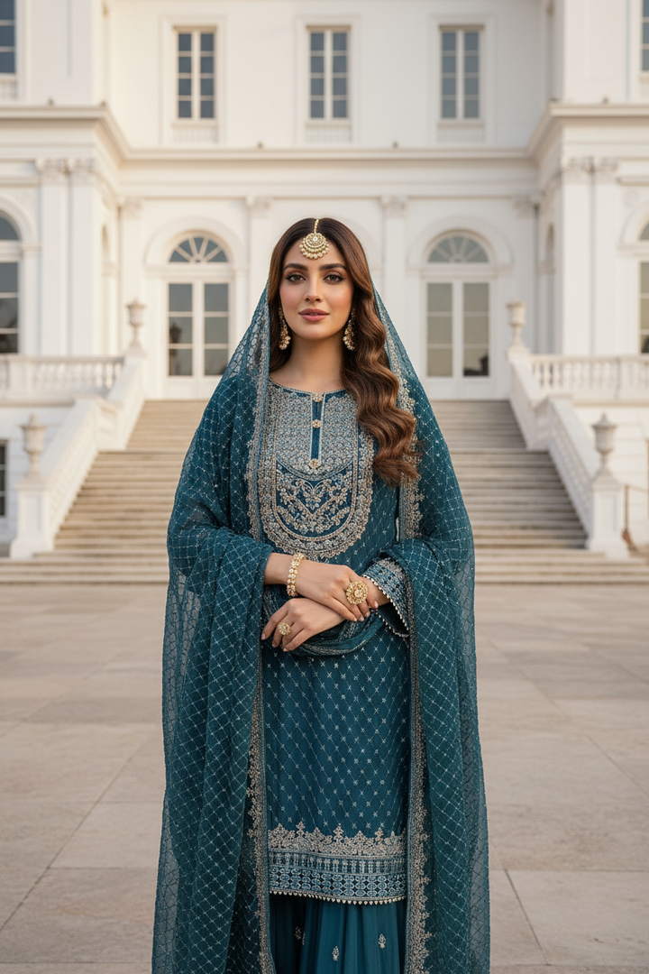 381C - TEAL CHIFFON EMBROIDERED SHARARA SUIT