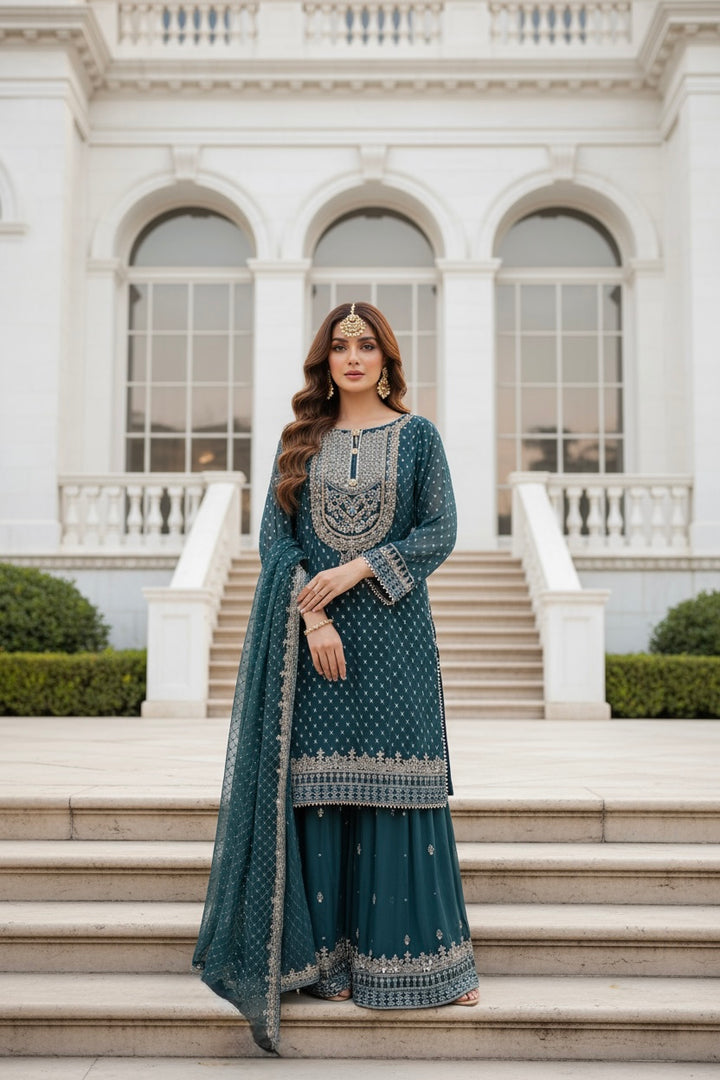 381C - TEAL CHIFFON EMBROIDERED SHARARA SUIT