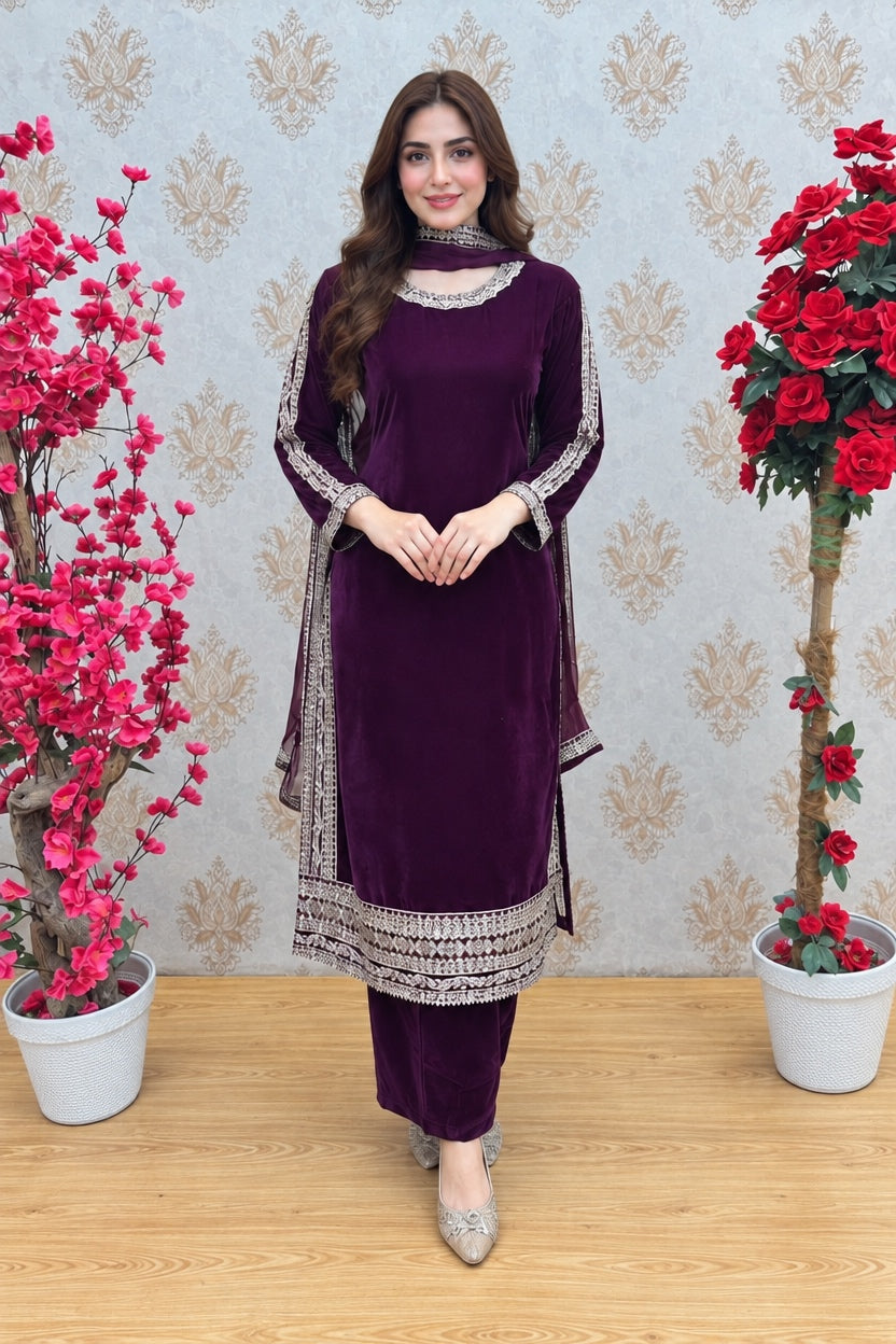 W5153 LUXURY VELVET EMBROIDERED 3 PIECE SUIT - East meets west clothing 