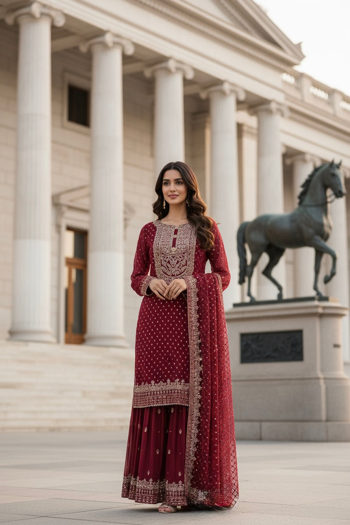 381H - RED CHIFFON EMBROIDERED SHARARA SUIT