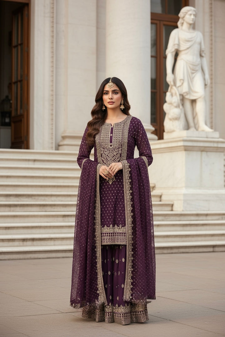 381M - PLUM CHIFFON EMBROIDERED SHARARA SUIT