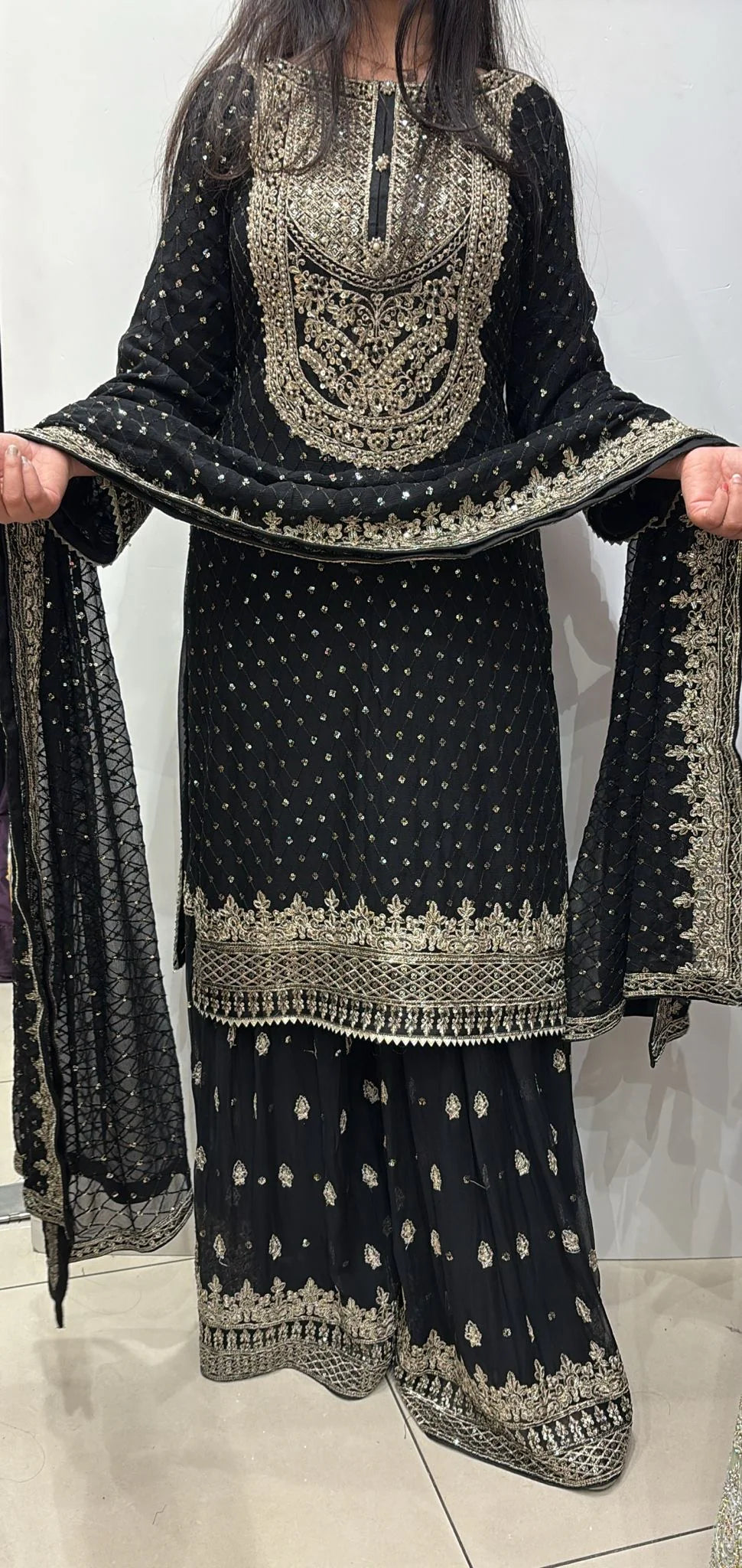 381J - BLACK CHIFFON EMBROIDERED SHARARA SUIT