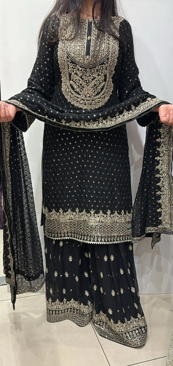 381J - BLACK CHIFFON EMBROIDERED SHARARA SUIT