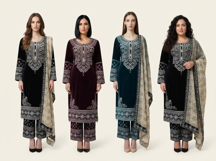 W496 LUXURY VELVET EMBROIDERED 3 PIECE SUIT