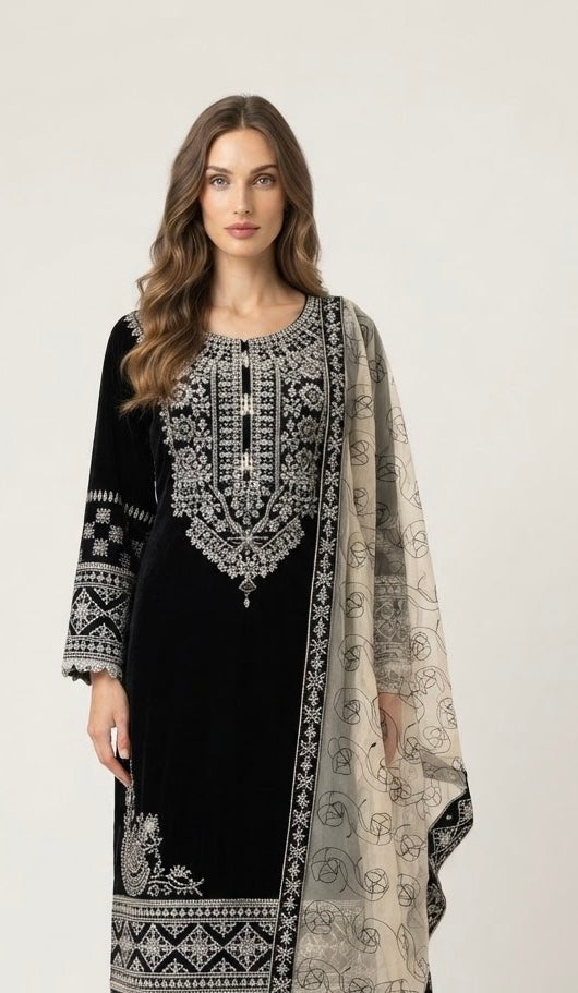 W496 LUXURY VELVET EMBROIDERED 3 PIECE SUIT