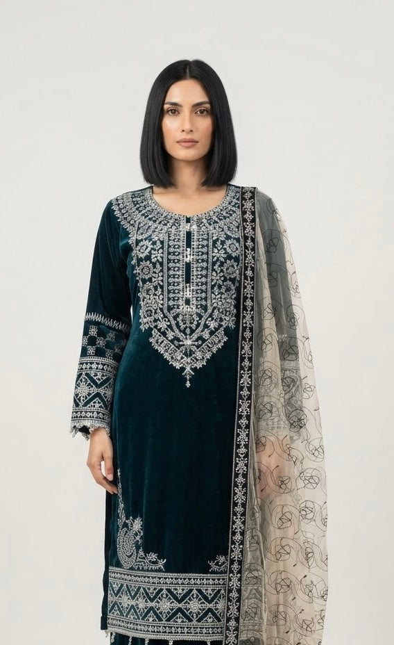 W496 LUXURY VELVET EMBROIDERED 3 PIECE SUIT