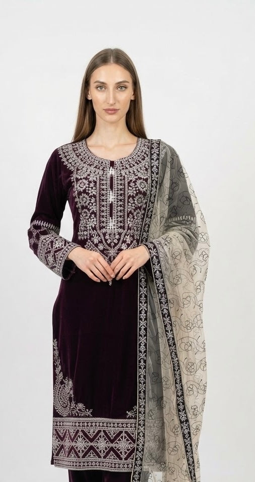 W496 LUXURY VELVET EMBROIDERED 3 PIECE SUIT
