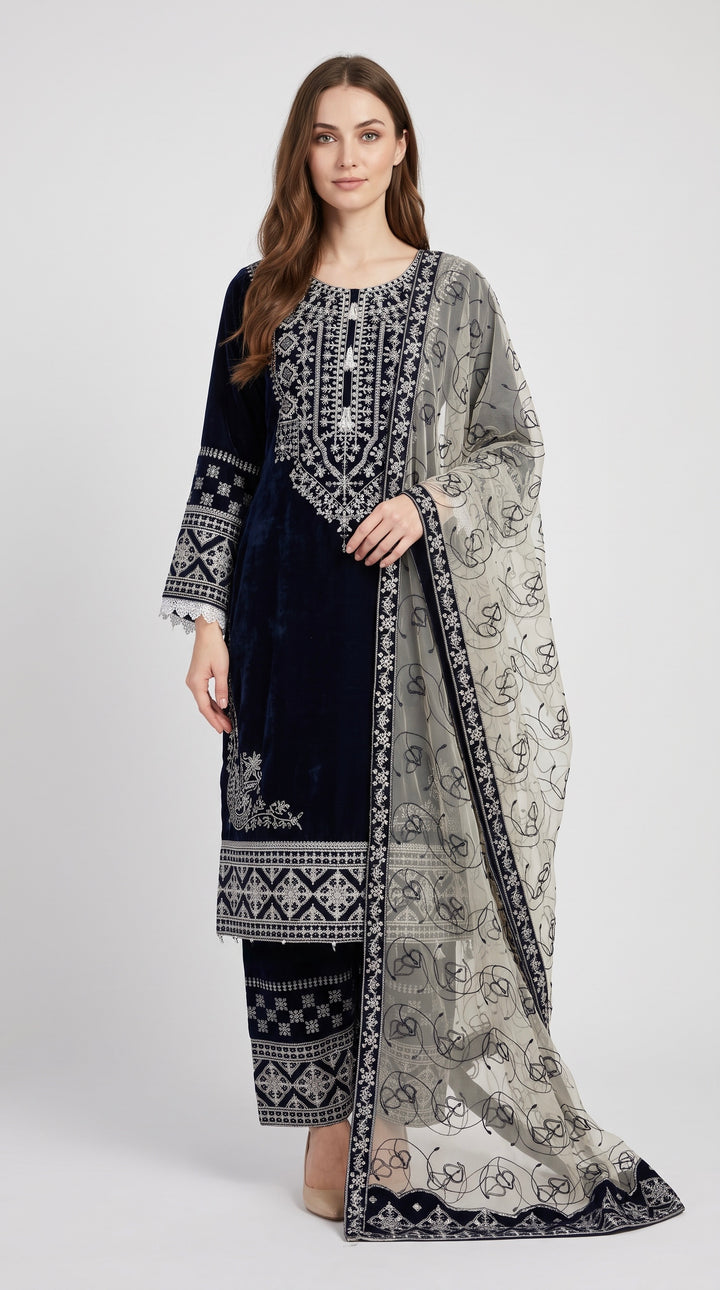 W496 LUXURY VELVET EMBROIDERED 3 PIECE SUIT