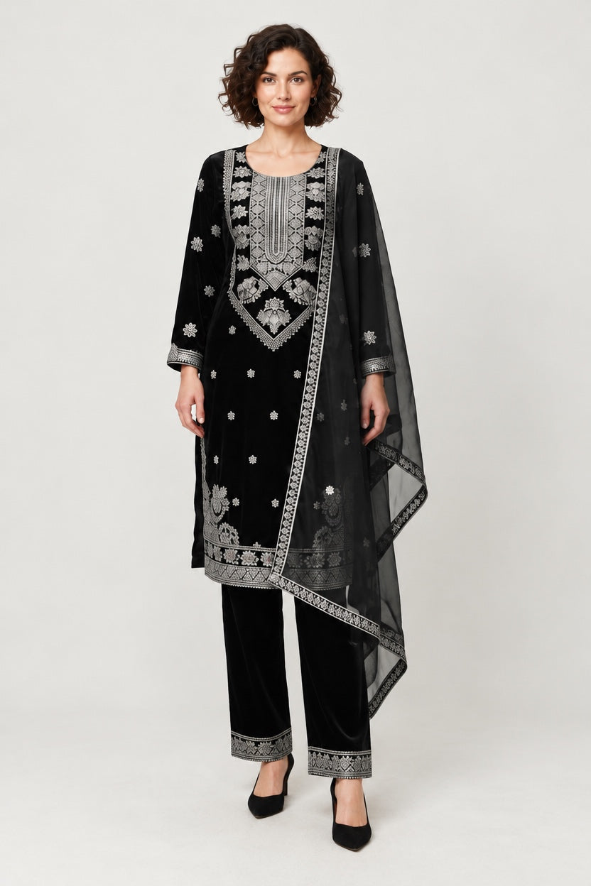 W657 LUXURY VELVET EMBROIDERED 3 PIECE SUIT