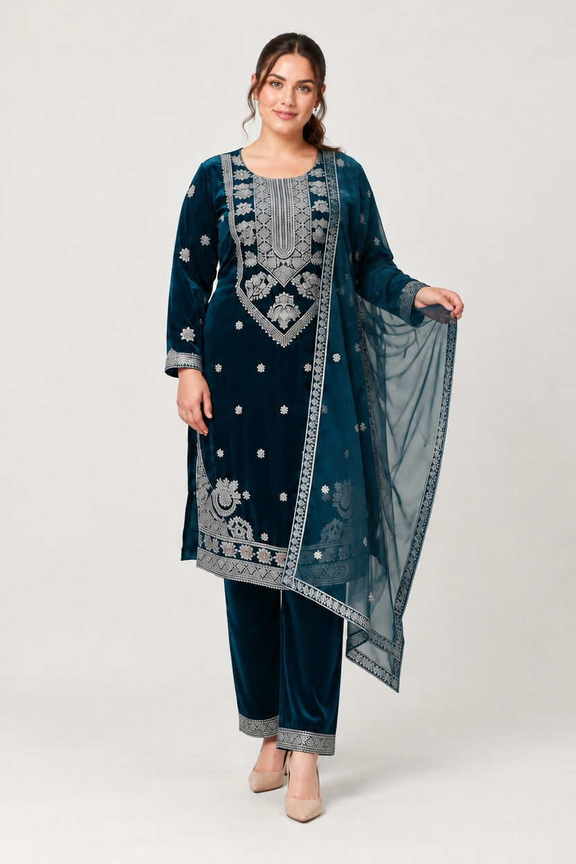 W657 LUXURY VELVET EMBROIDERED 3 PIECE SUIT