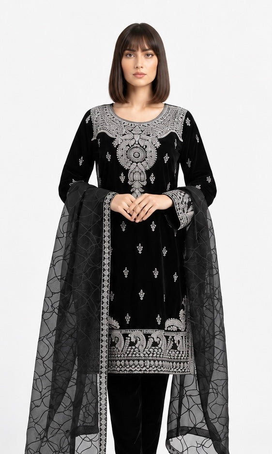 W633 LUXURY VELVET EMBROIDERED 3 PIECE SUIT