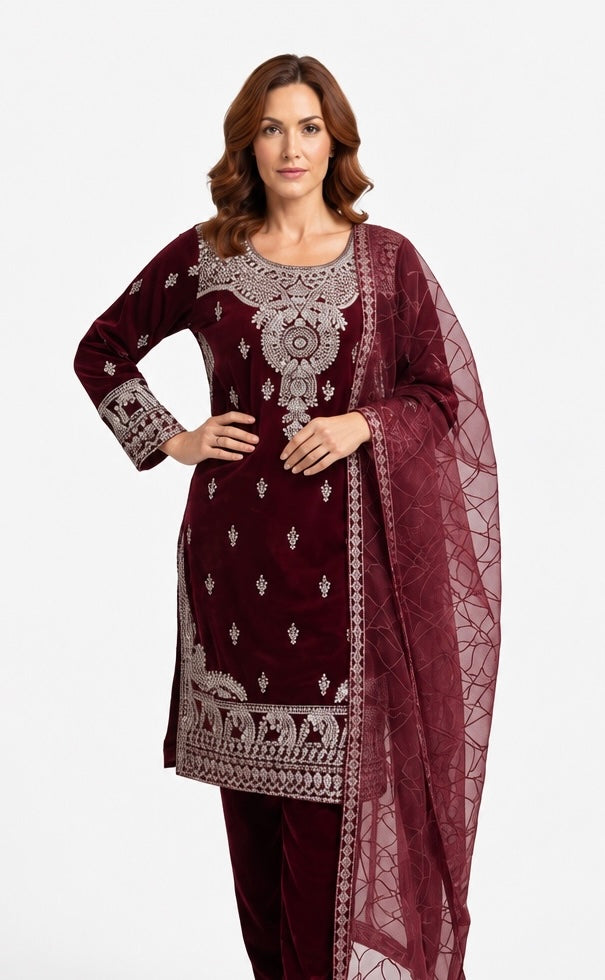 W633 LUXURY VELVET EMBROIDERED 3 PIECE SUIT