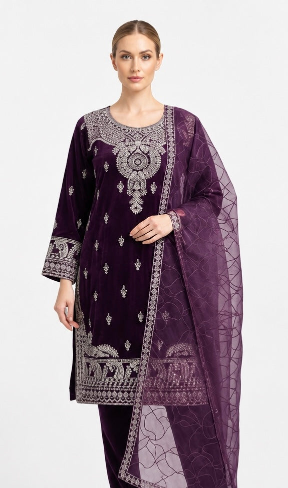 W633 LUXURY VELVET EMBROIDERED 3 PIECE SUIT